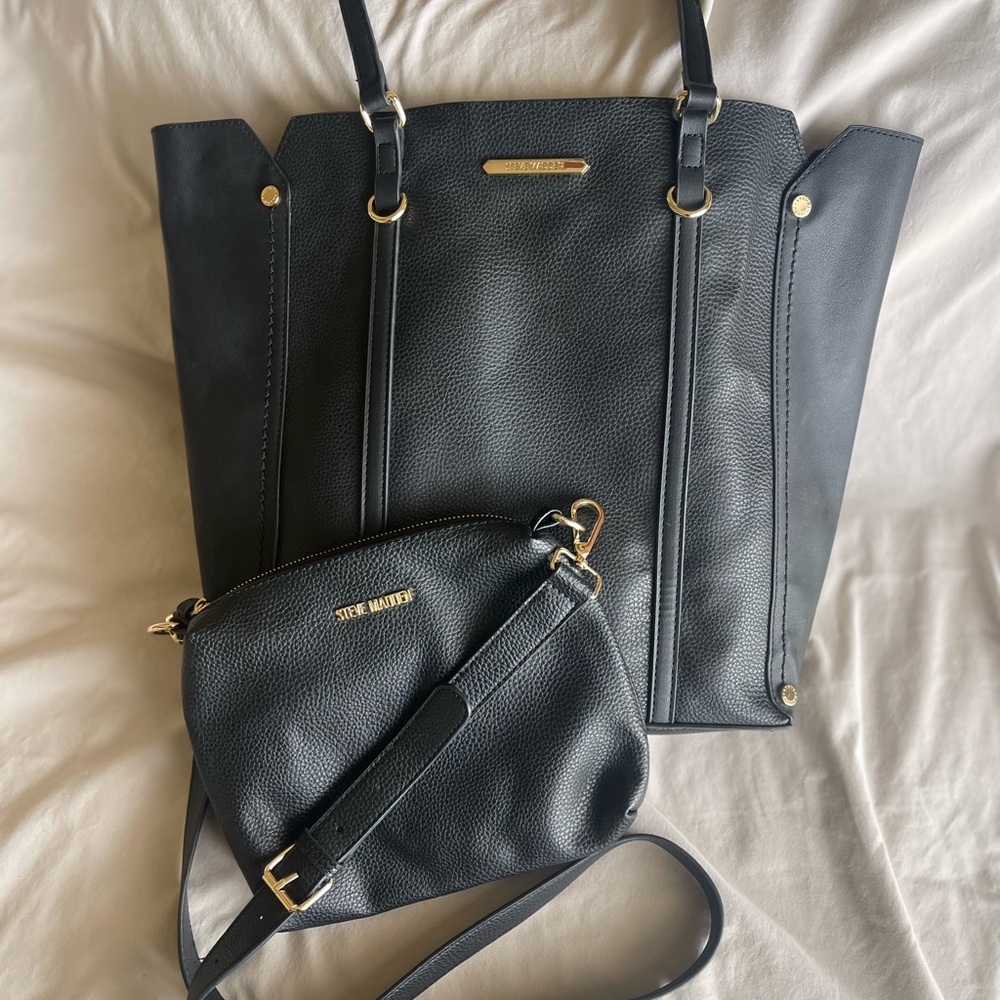 Steve Madden Black Leather Tote and Crossbody Combo with Gold Accents